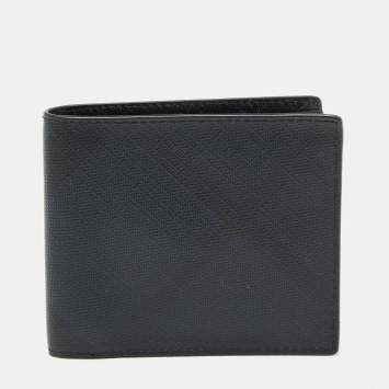 Pre Owned Burberry Navy Blue/Black London Check Leather Bifold Wallet