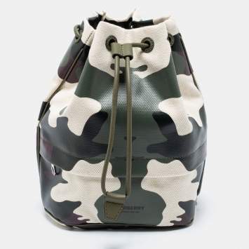 Pre Owned Burberry Green Camouflage Coated and Canvas Phoebe Drawstring Pouch
