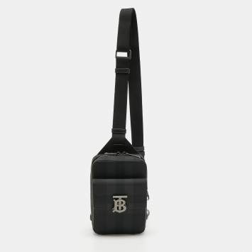 Pre Owned Burberry Black Motif Charcoal Monogram Check Coated Canvas and Leather Theo Crossbody Bag 