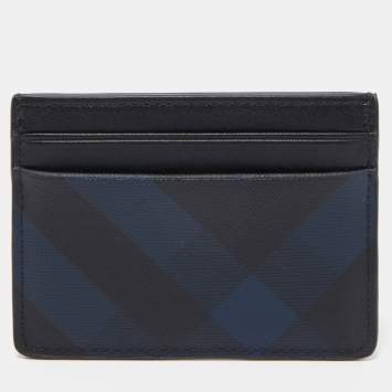 Pre Owned Burberry Navy Blue/Black London Check Canvas And Leather Sandon Card Holder