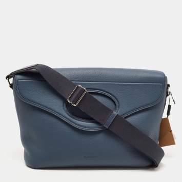 Pre Owned Burberry Ash Blue Leather Large Pocket Messenger Bag