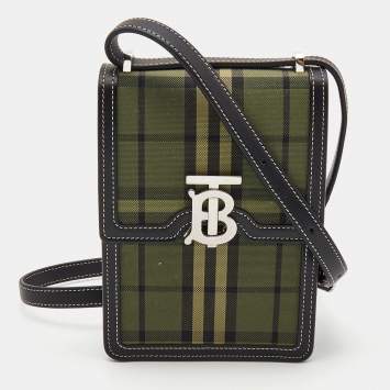 Pre Owned Burberry Military Green House Check Canvas Robin Crossbody Bag