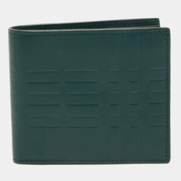 Pre Owned Burberry Green Check Embossed Leather CC Bills Bifold Wallet