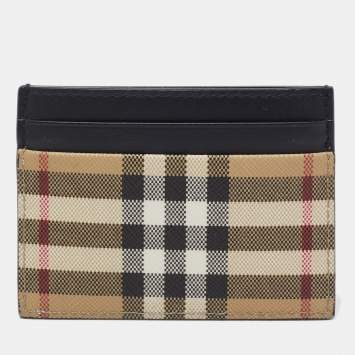 Pre Owned Burberry Beige House Check Coated Canvas and Leather Card Holder