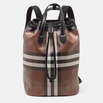 Pre Owned Burberry Dark Birch Brown Check Coated Canvas and Leather Drawcord Backpack