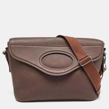 Pre Owned Burberry Dark Brown Leather Large Pocket Messenger Bag