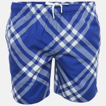 Pre Owned Burberry Blue Tri Bar Checks Synthetic Swim Shorts XS