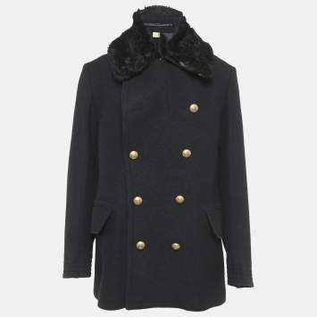 Pre Owned Burberry Black Wool Fur Collar Detail Double Breasted Coat XXL