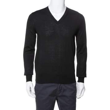 Pre Owned Burberry Black Merino Wool V-Neck Sweater S