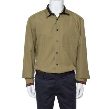 Pre Owned Burberry London Khaki Cotton Logo Detail Long Sleeve Button Front Shirt XXL