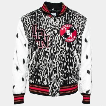 Pre Owned Burberry Black and White Graphic Pattern Wool Padfield Bomber Jacket M