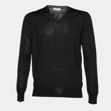 Pre Owned Burberry Black Merino Wool V-Neck Jumper M