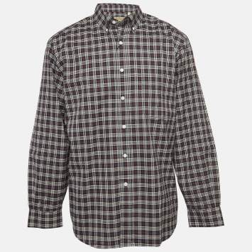 Pre Owned Burberry Navy Blue Checked Print Cotton Button Front Shirt XL
