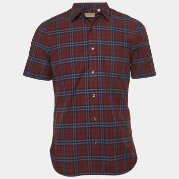 Pre Owned Burberry Crimson Red Checked Cotton Short Sleeve Alexander Shirt M