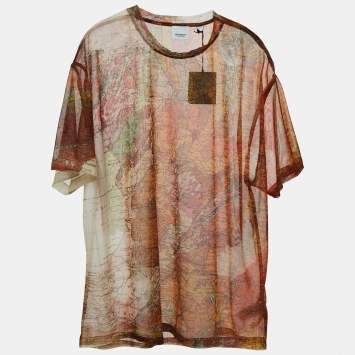 Pre Owned Burberry Orange Aldous Map Print Sheer Mesh T-shirt L