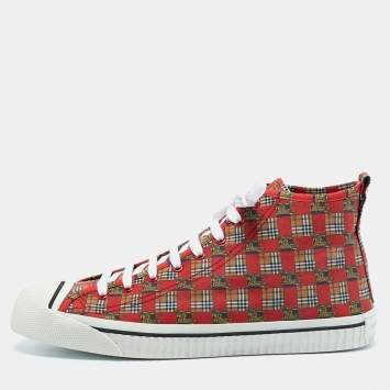 Burberry Red Check Fabric Kingly High Top Sneakers Size 45