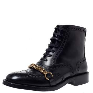 Pre Owned Burberry Black Brogue Leather Barksby Chain Detail Ankle Boots Size 40.5