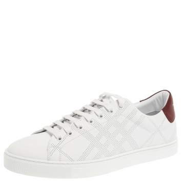 Pre Owned Burberry White Leather Albert Perforated Check Low Top Sneakers Size 45