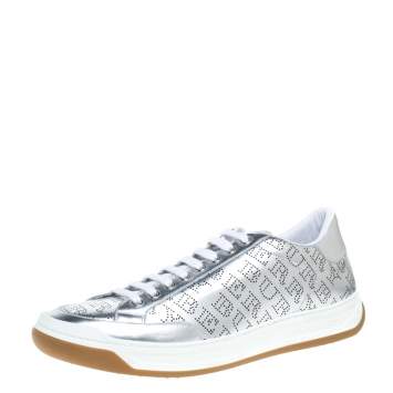 Pre Owned Burberry Metallic Silver Perforated Leather Timsbury Low Top Sneakers Size 42