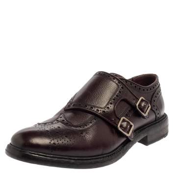Pre Owned Burberry Burgundy Brogue Leather Delmar Asymmetric Monk Derby Size 41.5