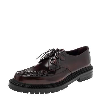 Pre Owned Burberry Burgundy Leather Woven Creepers Toe Detail Lace Up Derby Size 44