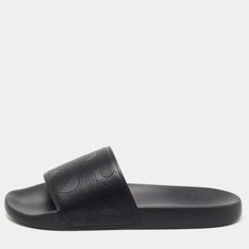 Pre Owned Burberry Black Perforated Leather Furley Flat Slides Size 46