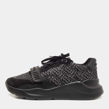 مملوكة مسبقًا Burberry Black Suede and Leather Print Ramsey Sneakers Size 45
