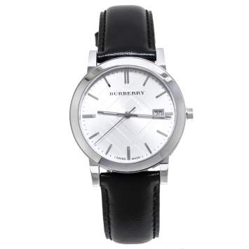 Pre Owned Burberry Silver Stainless Steel Leather The City BU9008 Men's Wristwatch 38 mm