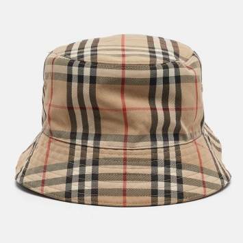 Pre Owned Burberry Brown Vintage Checks Cotton Blend Bucket Hat L