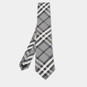 Burberry Navy Blue Check Pattern Silk Tie