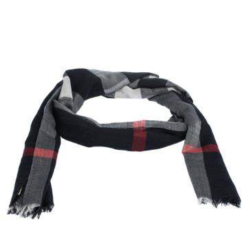 Pre Owned Burberry Navy Blue Checked Wool and Silk Fringed Edge Scarf