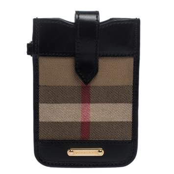 Pre Owned Burberry Balck/Beige House Check Canvas and Leather Phone Pouch