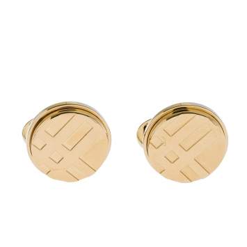 Pre Owned Burberry Check Engraved Gold Tone Round Cufflinks