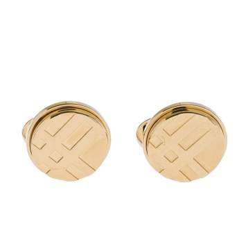 Pre Owned Burberry Check Engraved Gold Tone Round Cufflinks