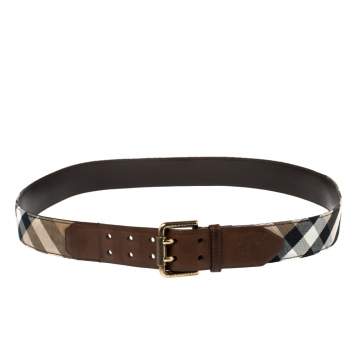 Pre Owned Burberry Beige/Brown House Check Canvas and Leather Buckle Belt 110 CM