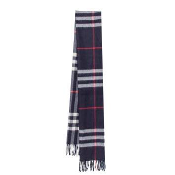 Pre Owned Burberry Navy Blue Classic Checkered Cashmere Fringed Stole