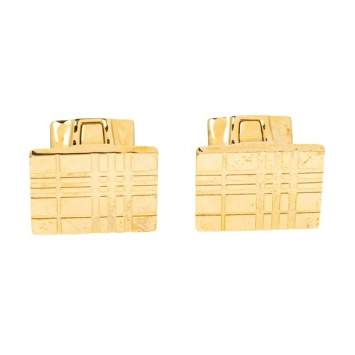 Pre Owned Burberry Gold Tone Check Patterned Cufflinks