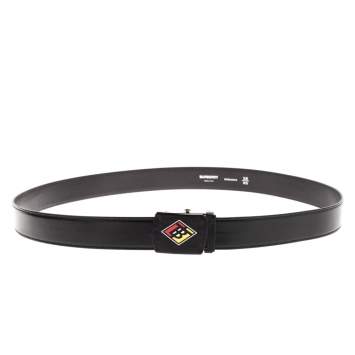 Pre Owned Burberry Black Coated Canvas and Leather Logo Graphic Plague Belt 95CM