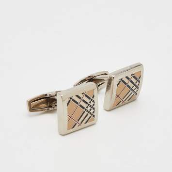 Pre Owned Burberry Silver Tone House Check Square Cufflinks