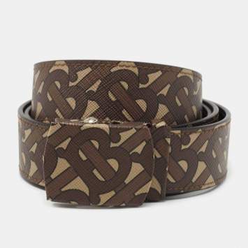 Pre Owned Burberry Brown TB Monogram Coated Canvas Buckle Belt 90CM
