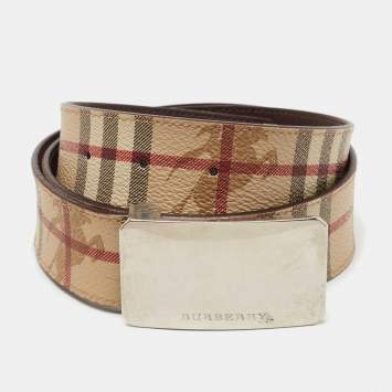 Pre Owned  Burberry Beige Haymarket Check Coated Canvas Logo Plaque Cut to Size Belt 100CM