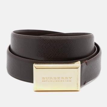 Pre Owned Burberry Dark Brown Leather Logo Plague Waist Belt 90 CM