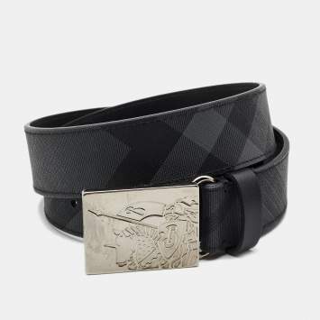Pre Owned Burberry Black Charcoal Check Coated Canvas Logo Plague Belt 75CM