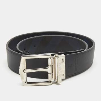 Pre Owned Burberry Navy Blue/Black Check Coated Canvas and Leather Buckle Reversible Belt 75CM