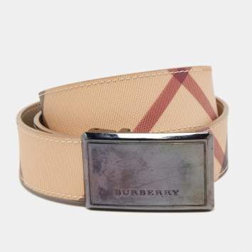 Pre Owned Burberry Beige Haymarket Check Coated Canvas Logo Plaque Belt 100CM