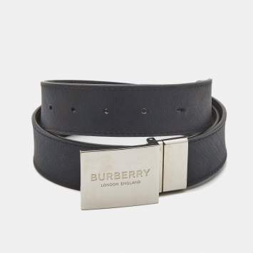 Pre Owned Burberry Navy Blue Check Coated Canvas and Leather Logo Plague Reversible Belt 85CM