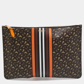Pre Owned Burberry Orange/Brown TB Monogram Coated Canvas Stripe Zip Pouch