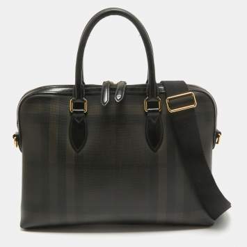 Pre Owned Burberry Smoked Check Coated Canvas and Leather The Barrow Briefcase Bag