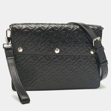 Pre Owned Burberry Black TB Embossed Leather Messenger Bag