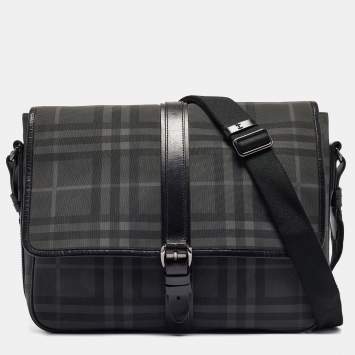 Pre Owned Burberry Black House Check PVC and Leather Messenger Bag